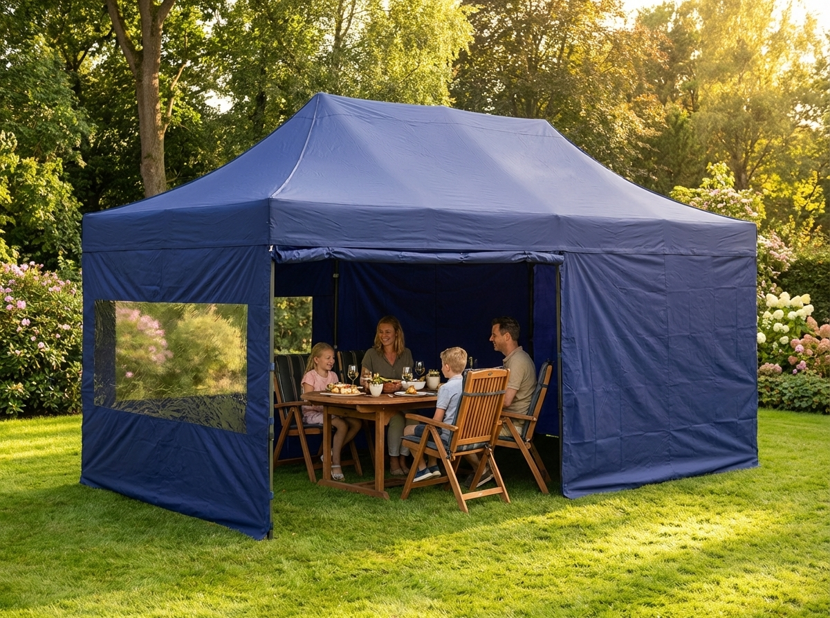 Dark blue pop up gazebo with aluminium frame and sidewalls - view 3