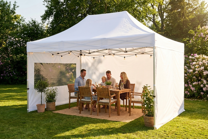 White pop-up gazebo with steel frame, ideal for outdoor events