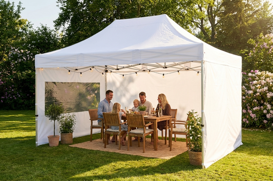 White pop-up gazebo with steel frame, ideal for outdoor events