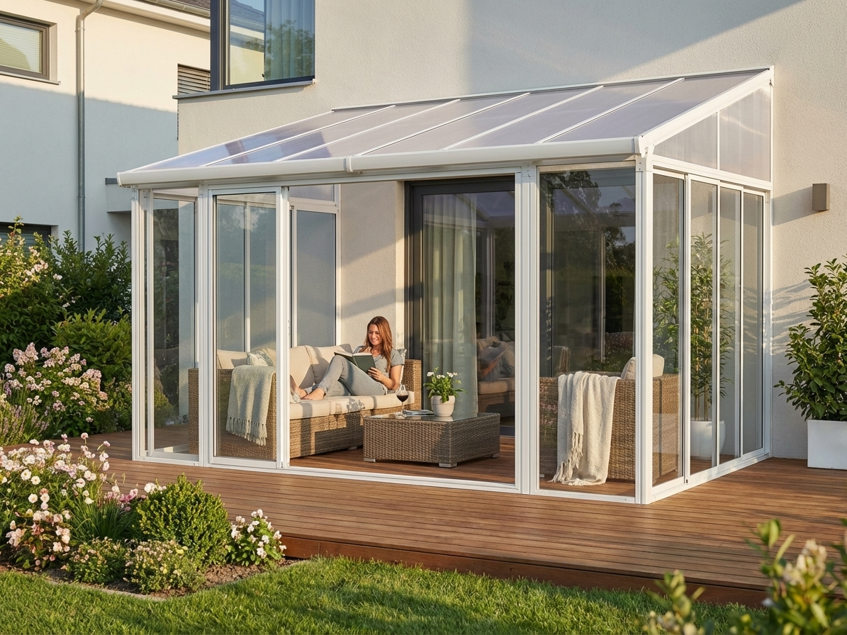 Polycarbonate conservatory with aluminium frame in white - view 3