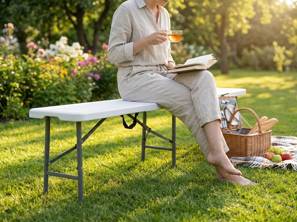 Folding bench 183x30x43 cm in light grey, suitable for indoor and outdoor use