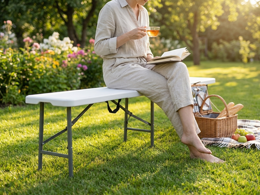 Folding bench 183x30x43 cm in light grey, suitable for indoor and outdoor use