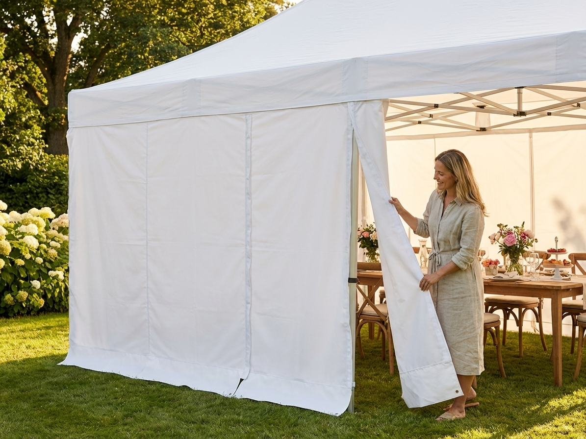 White tarpaulin endwall for outdoor shelter