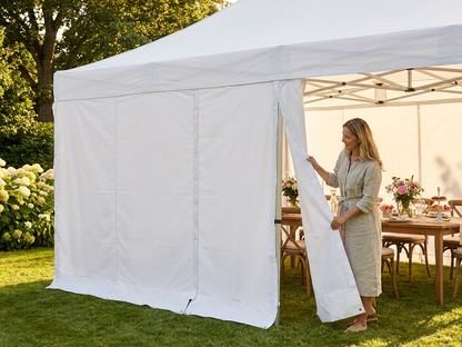 White tarpaulin endwall for outdoor shelter