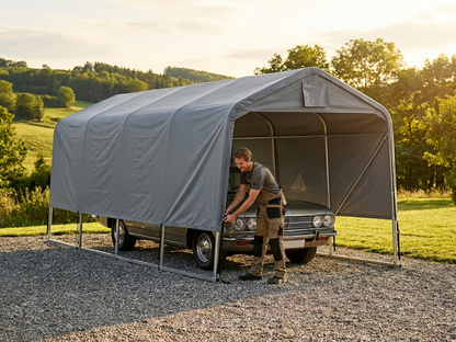 Grey portable garage roof cover made from polyethylene