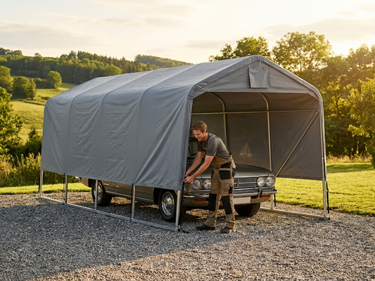 Grey portable garage roof cover made from polyethylene