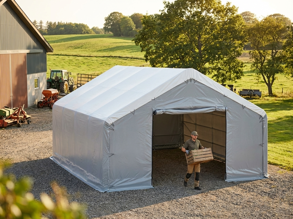 White and grey storage shelter 8x27m - view 3