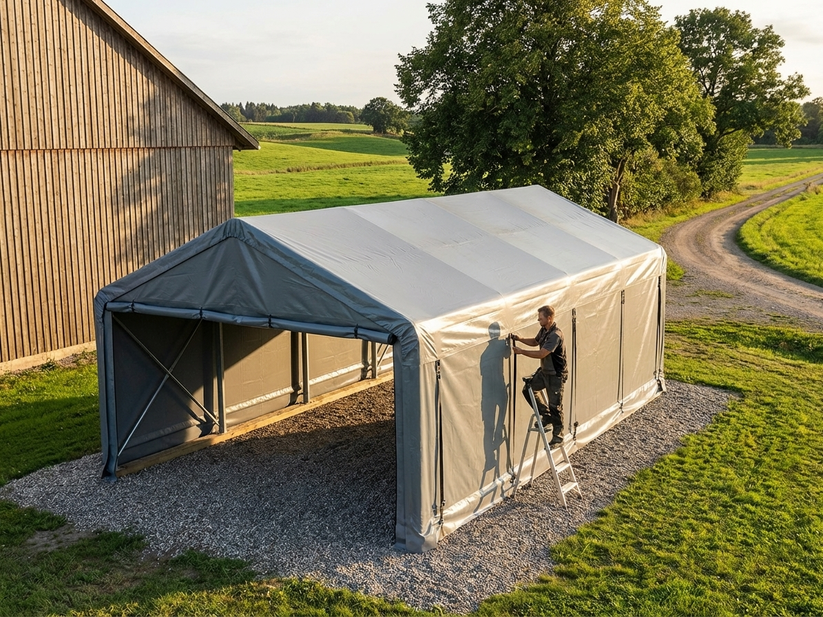 PVC roof cover for 5x12 m storage shelter in grey