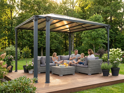 Grey outdoor gazebo with aluminium frame and polycarbonate roof