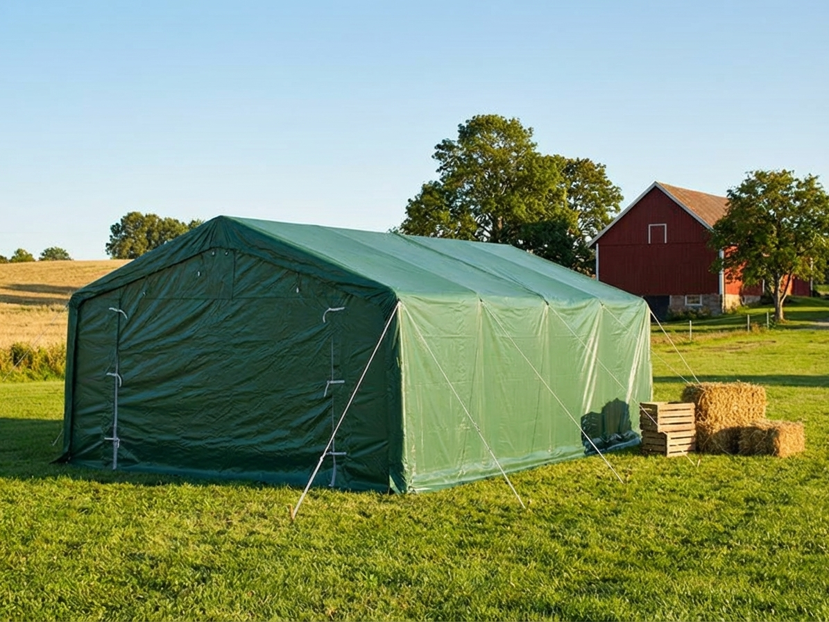 Green PVC storage shelter with galvanised steel frame - product detail