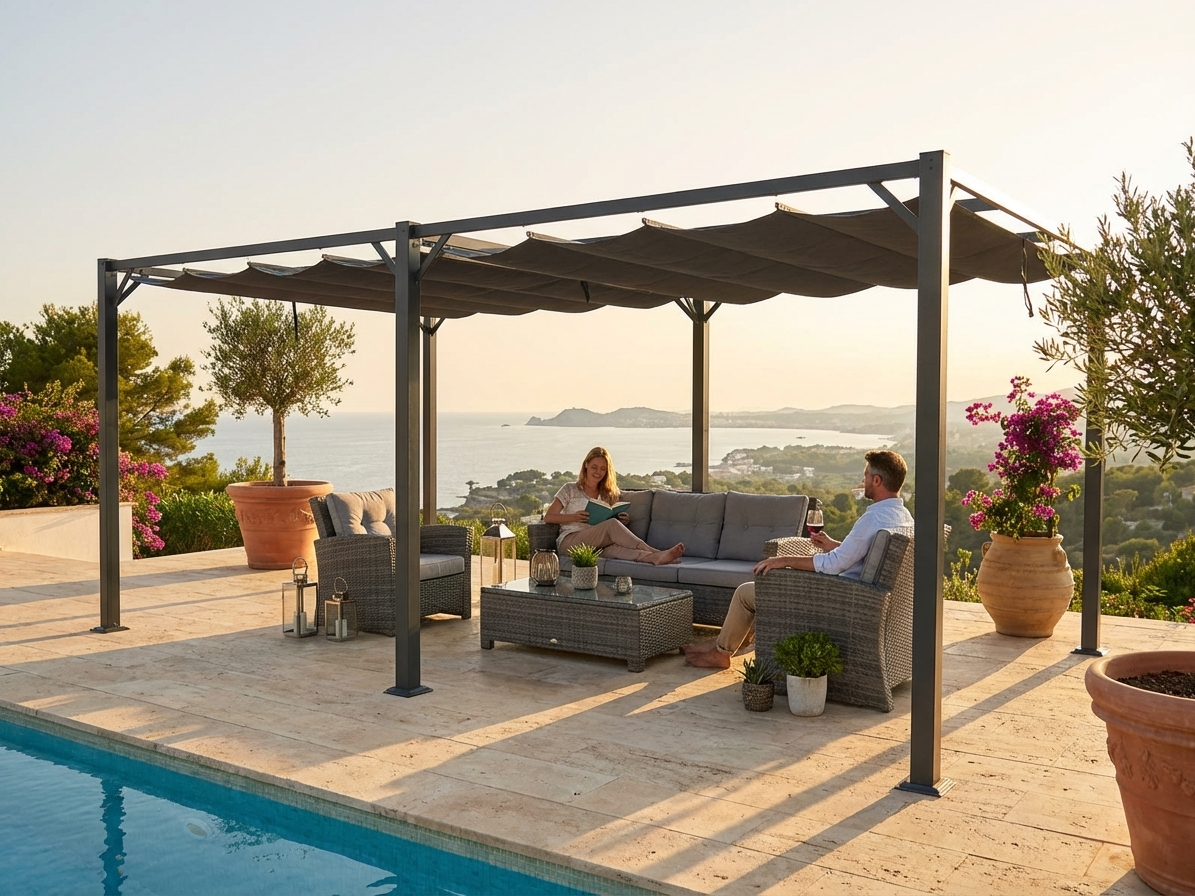 Dark grey pergola gazebo with aluminium frame for outdoor use - product detail