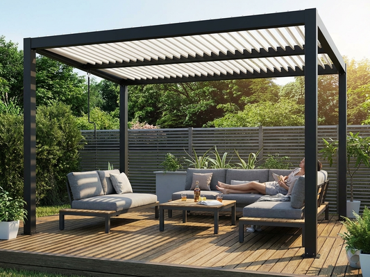 Bioclimatic pergola gazebo in black and white for outdoor use