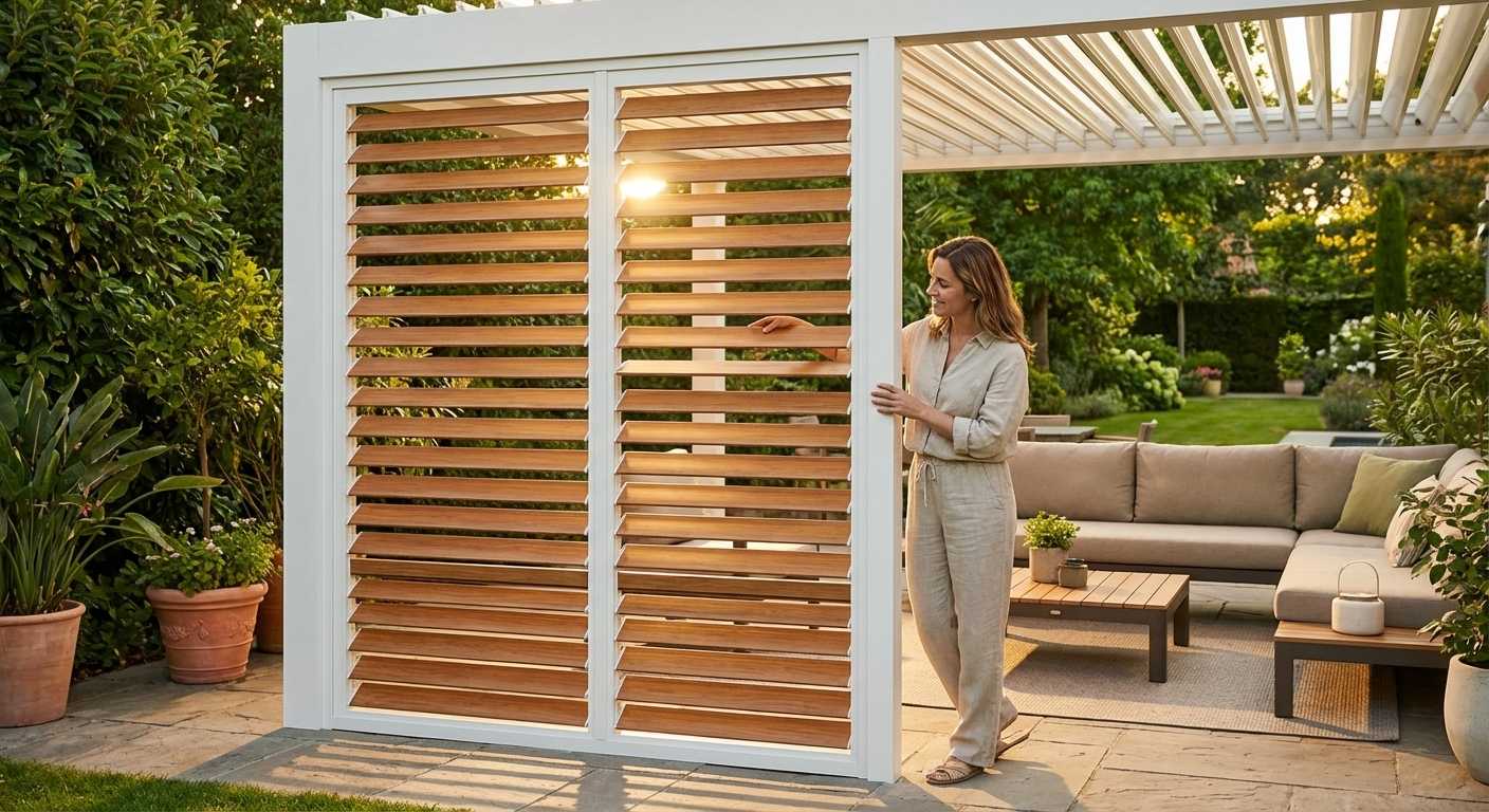 Louvre wall in wood finish and white aluminium for pergolas - view 3