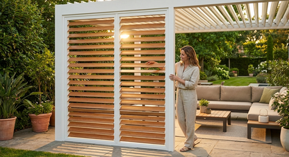 Louvre wall in wood finish and white aluminium for pergolas - view 3