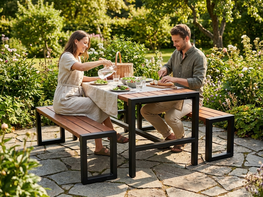 Picnic table set in dark wood with a black steel frame, outdoor use - product detail