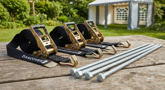 Steel storm pegs and straps for outdoor stability