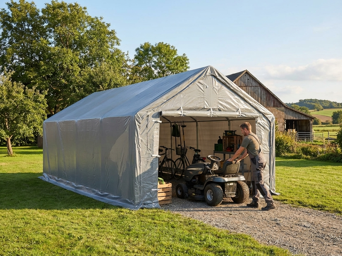 Grey storage shelter with PE tarpaulin and steel frame - product detail
