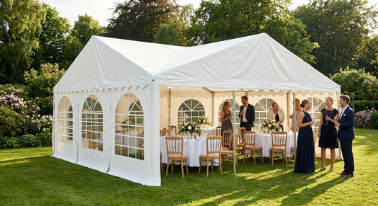 White PVC marquee 6x8 m with galvanised steel frame for outdoor events - product detail