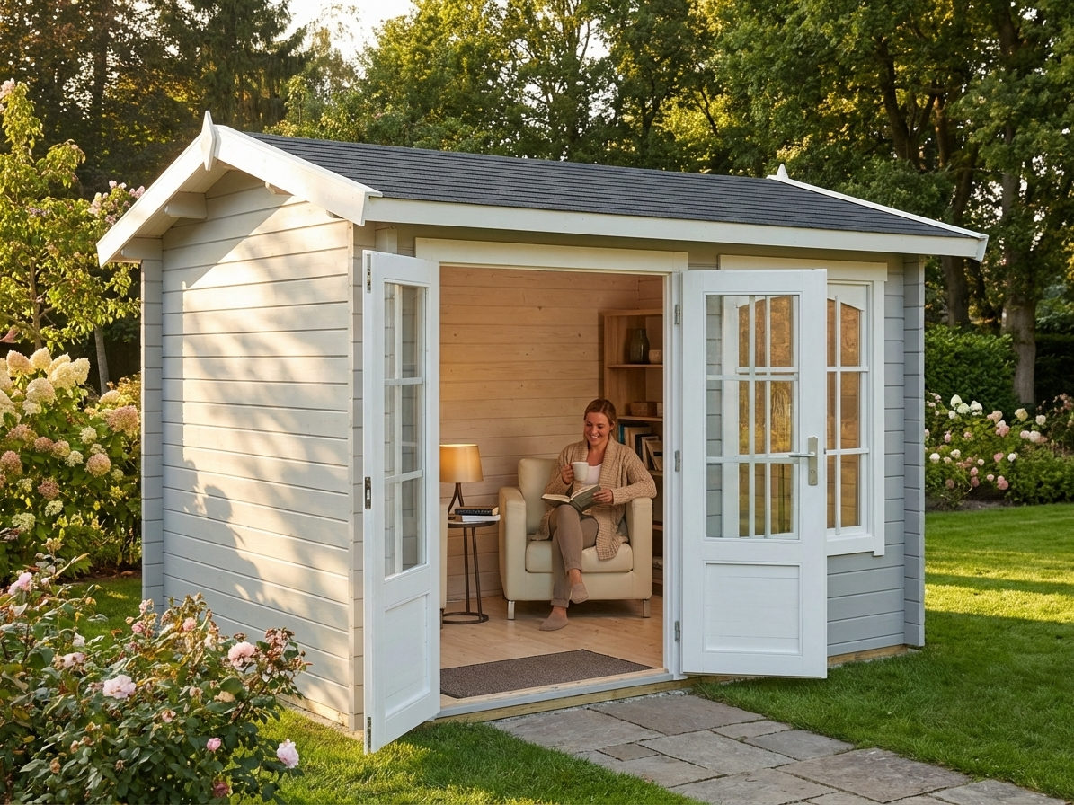 Light grey wooden cabin made from Nordic Spruce, perfect for garden use - view 3