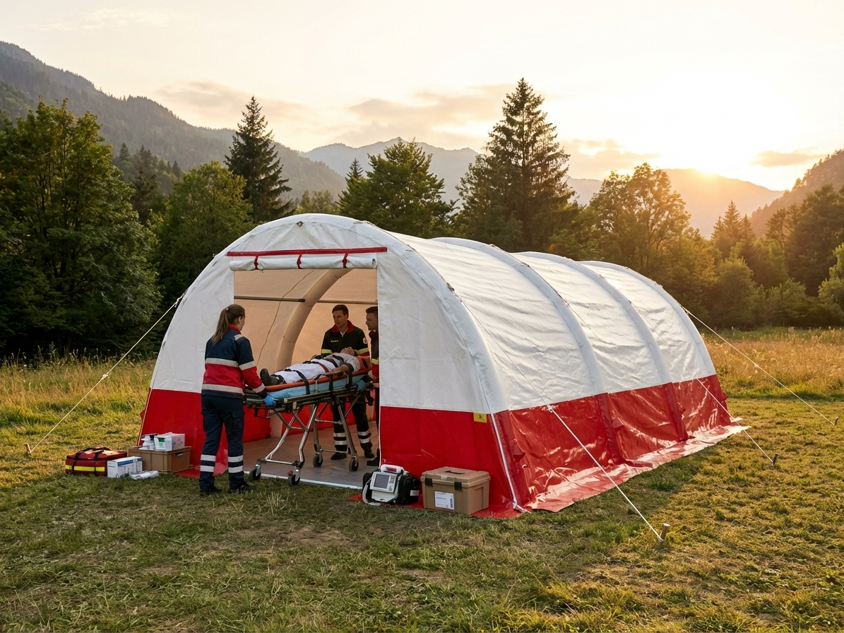 Inflatable medical tent in white and red, ideal for emergency use