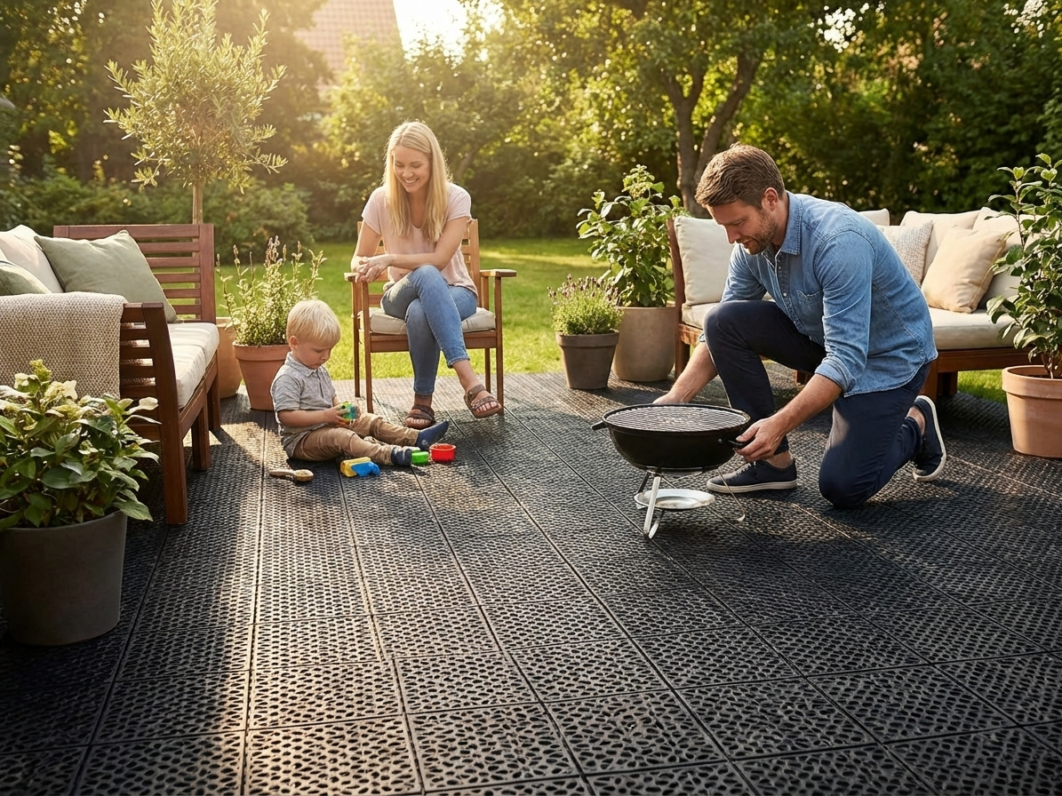 Plastic flooring in black, made of high-quality polyethylene for industrial and domestic use
