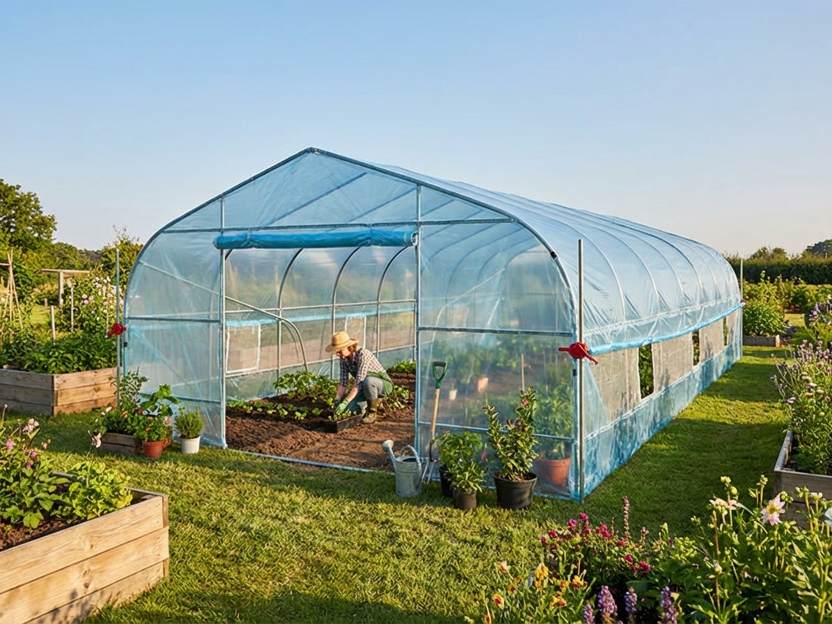 Transparent polytunnel greenhouse for outdoor use