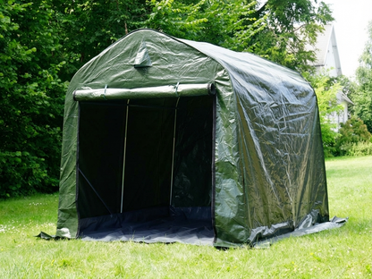Storage tent with green and grey polyethylene cover and steel frame