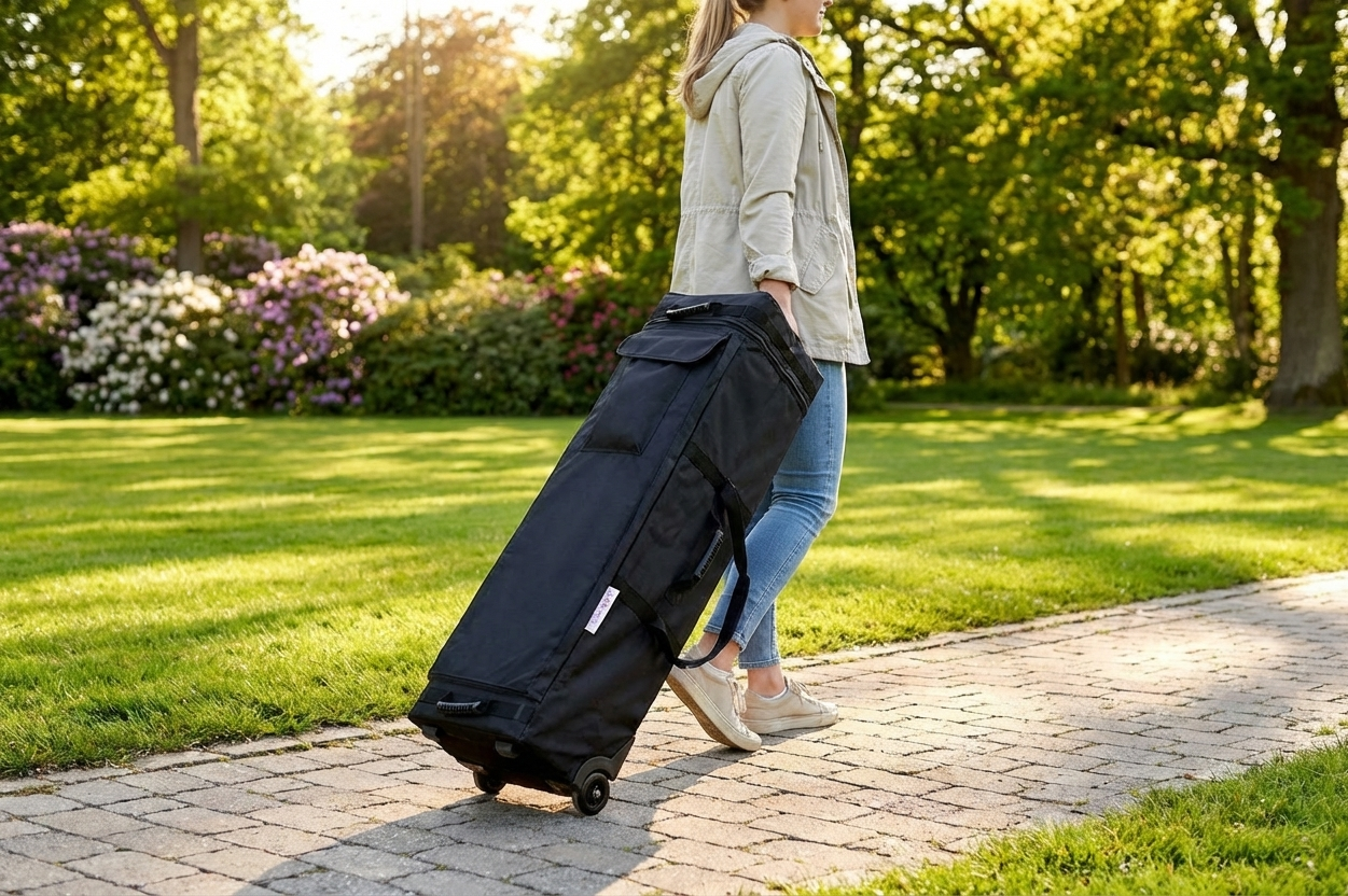 Black carry bag with wheels for easy transportation