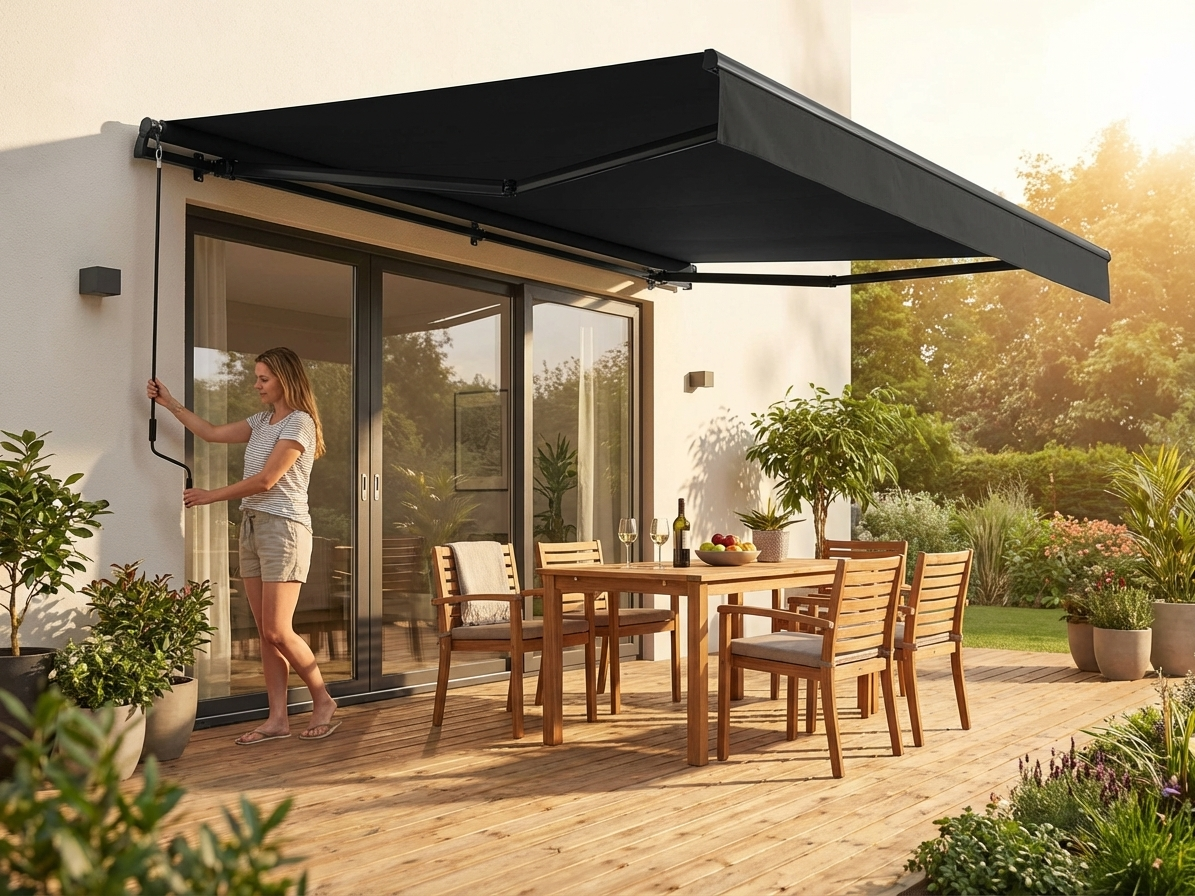 Black awning with crank handle and aluminium frame for outdoor use - view 3