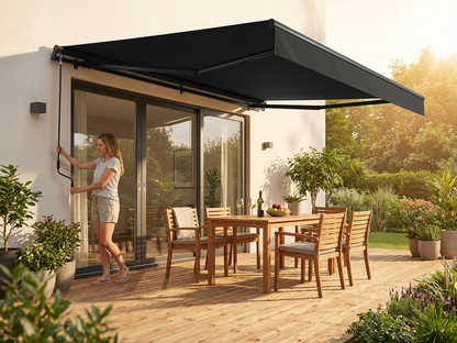 Black awning with crank handle and aluminium frame for outdoor use - view 3