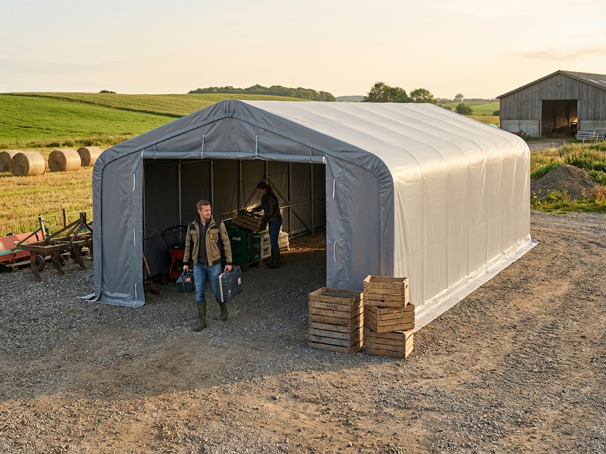 Grey PVC storage shelter measuring 6x12x3.7 m for industrial use - view 3