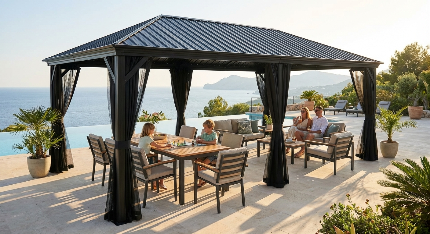 Black gazebo with aluminium frame and steel roof, 3.65x6m - product detail