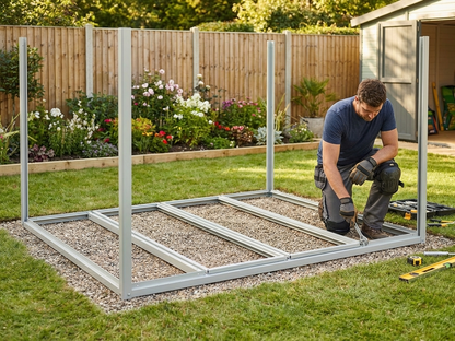 Steel garden shed floor frame in silver