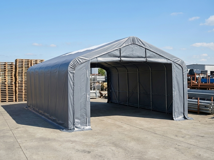 Grey storage shelter 7x7x3.8 m made of PVC and steel - product detail