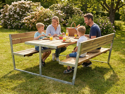 Wood picnic table with light wood finish and steel frame - product detail