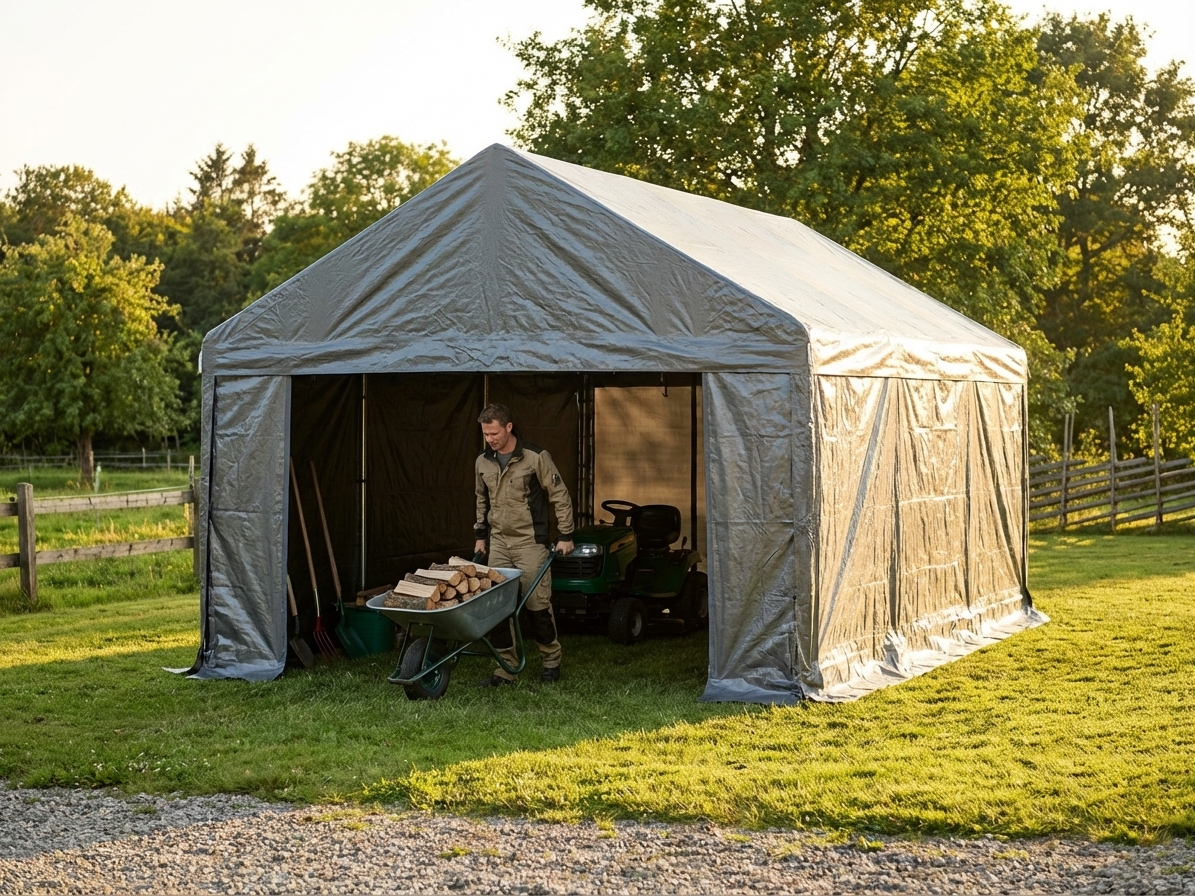 Grey storage tent 4x8m with PE tarpaulin and steel frame - view 3