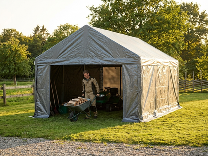 Grey storage tent 4x8m with PE tarpaulin and steel frame - view 3