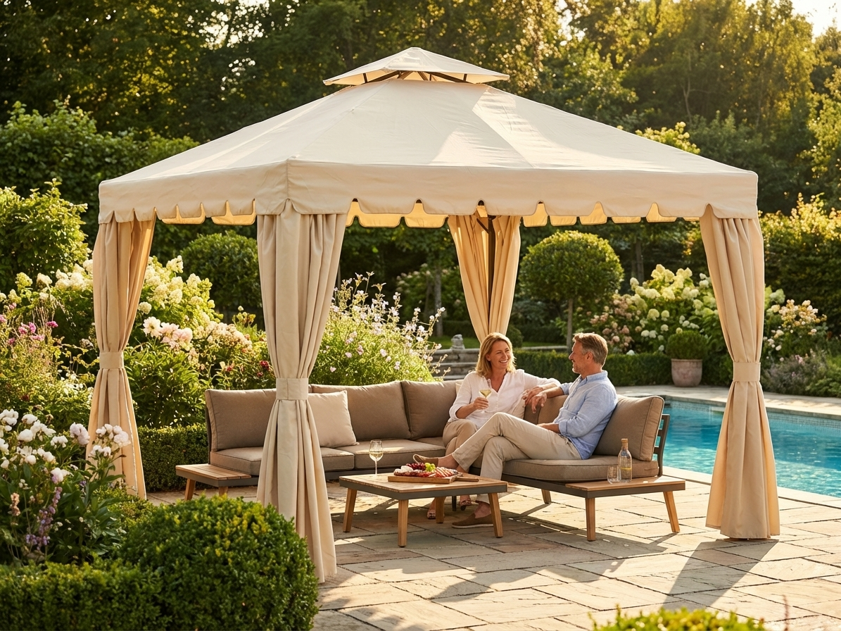 Sand-coloured 3x3 m gazebo with polyester roof and steel frame - view 3