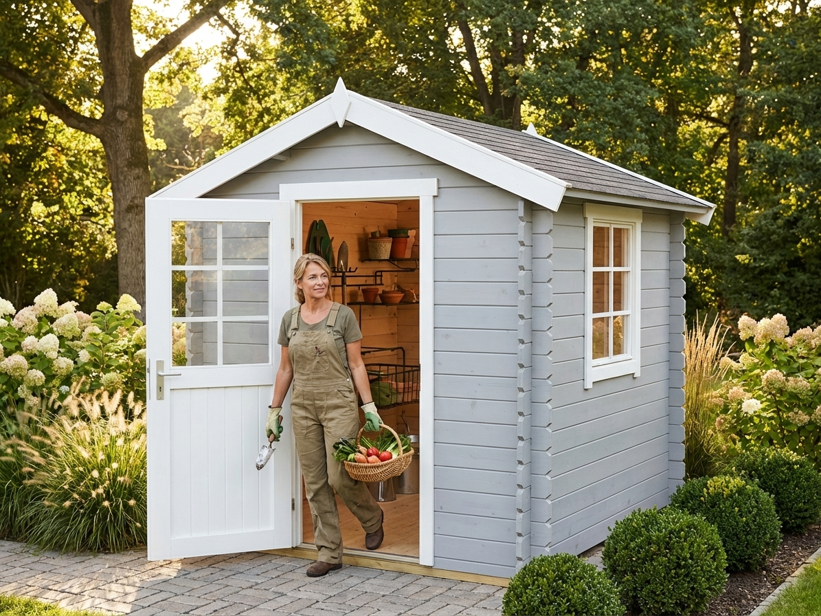 Light grey wooden garden shed, Nordic Spruce construction
