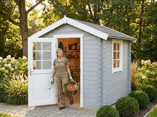 Light grey wooden garden shed, Nordic Spruce construction