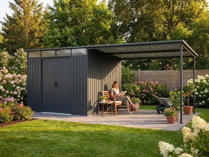 Anthracite garden shed extension with skylight - product detail