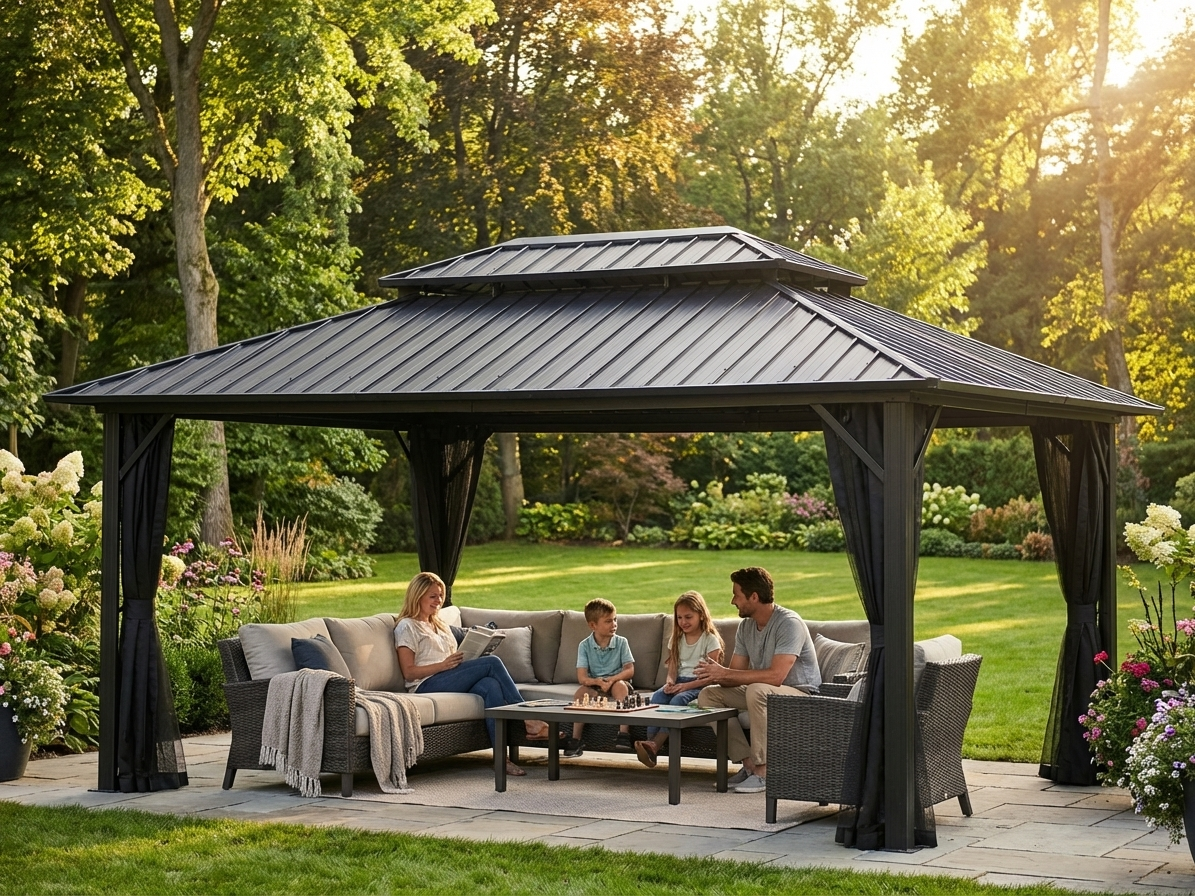 Black gazebo with curtains and mosquito net, 3.65x4.85m - view 3