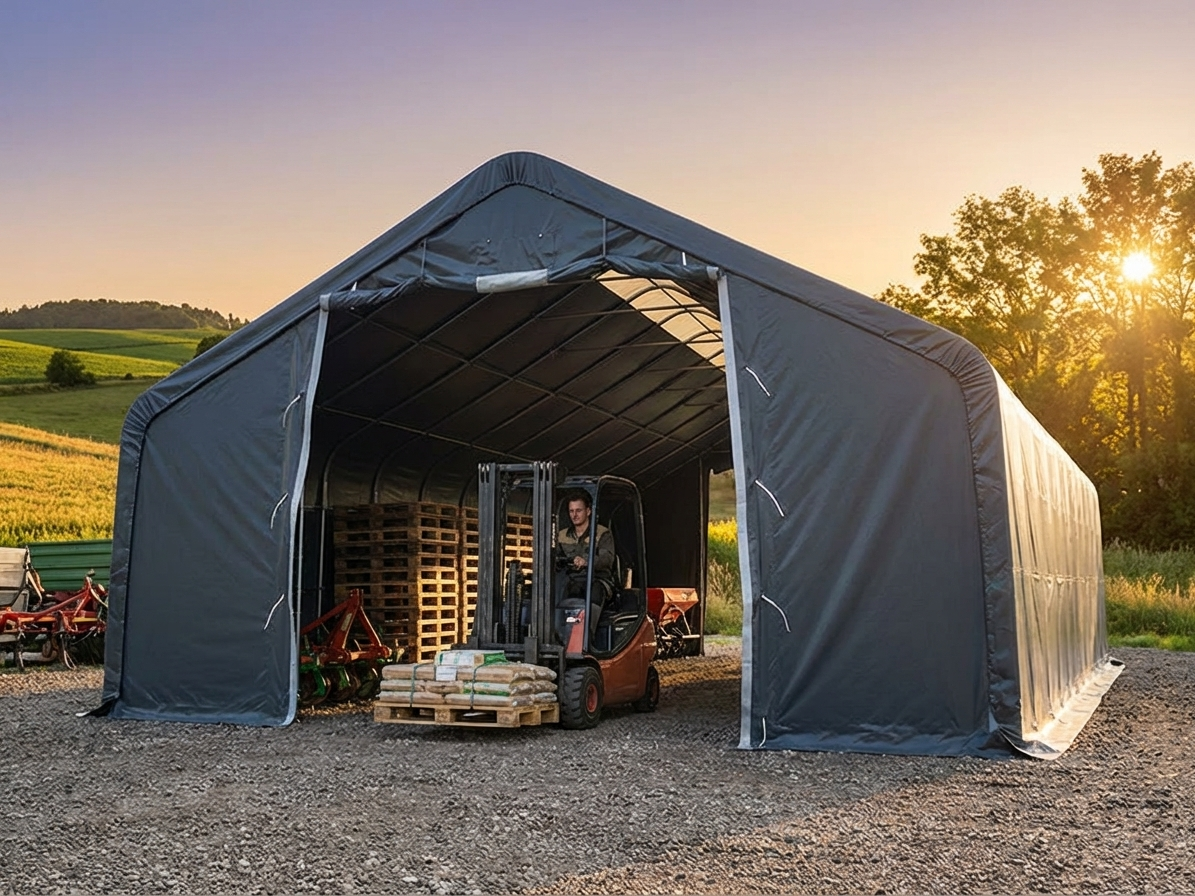 Grey storage shelter 8x12x5.2m made of PVC and galvanised steel - product detail