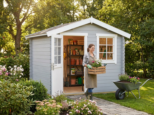Light grey wooden shed made from Nordic Spruce for outdoor storage