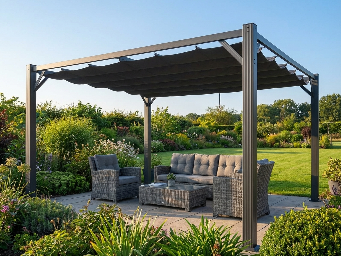 Dark grey pergola gazebo with aluminium frame for outdoor use