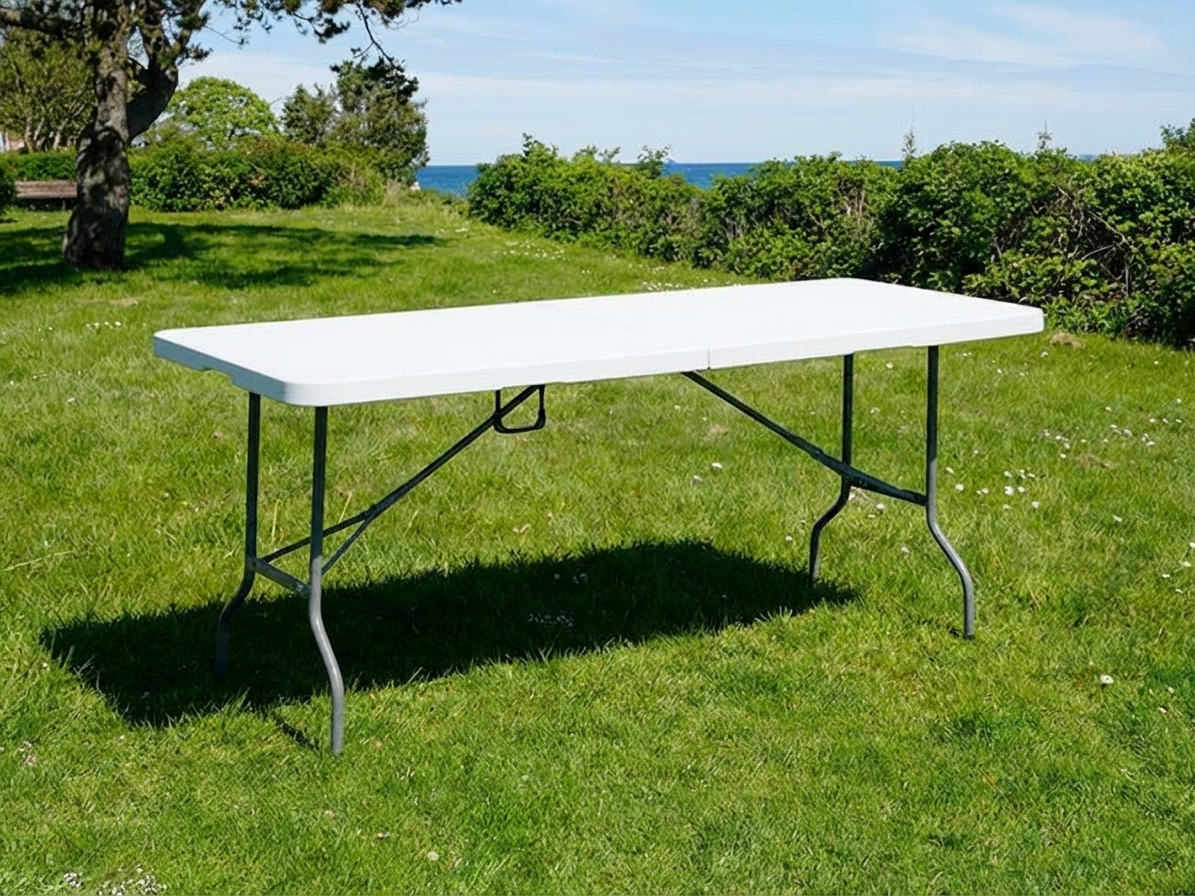 Folding table in light grey, made of HDPE and steel, ideal for commercial use - product detail