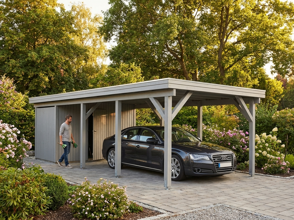 Wooden carport with shed in natural Nordic Spruce - view 3