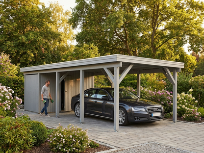 Wooden carport with shed in natural Nordic Spruce - view 3