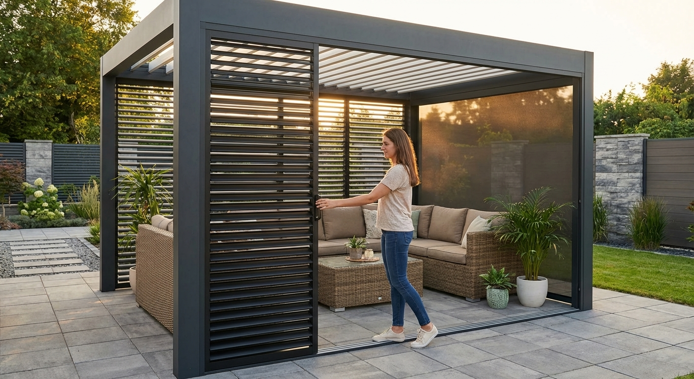 Aluminium louvre wall in black, designed for pergola accessory use