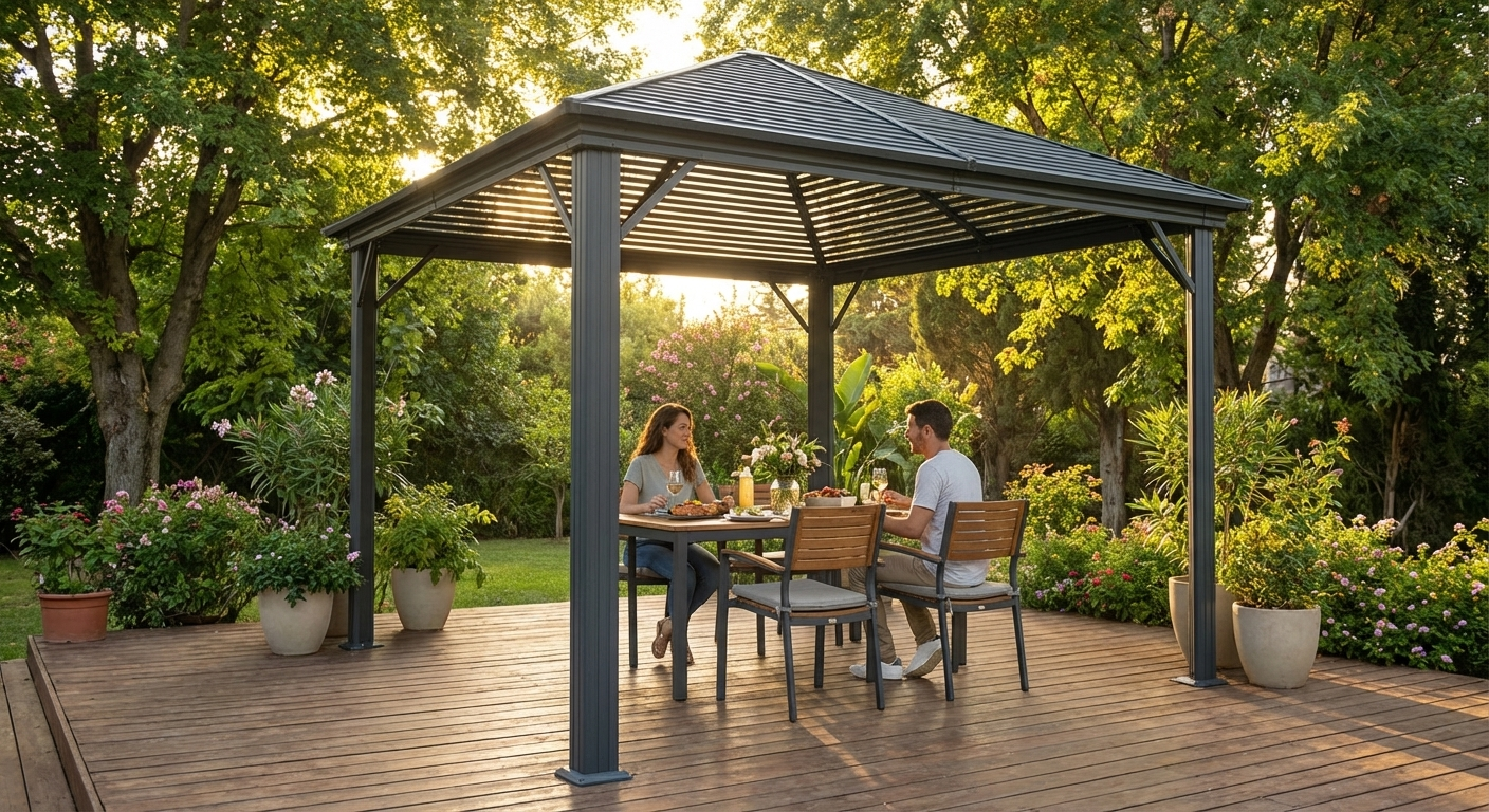 Grey outdoor gazebo with aluminium frame and polycarbonate roof - view 3